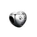 Silver heart-shaped charm with paw prints on a white background
