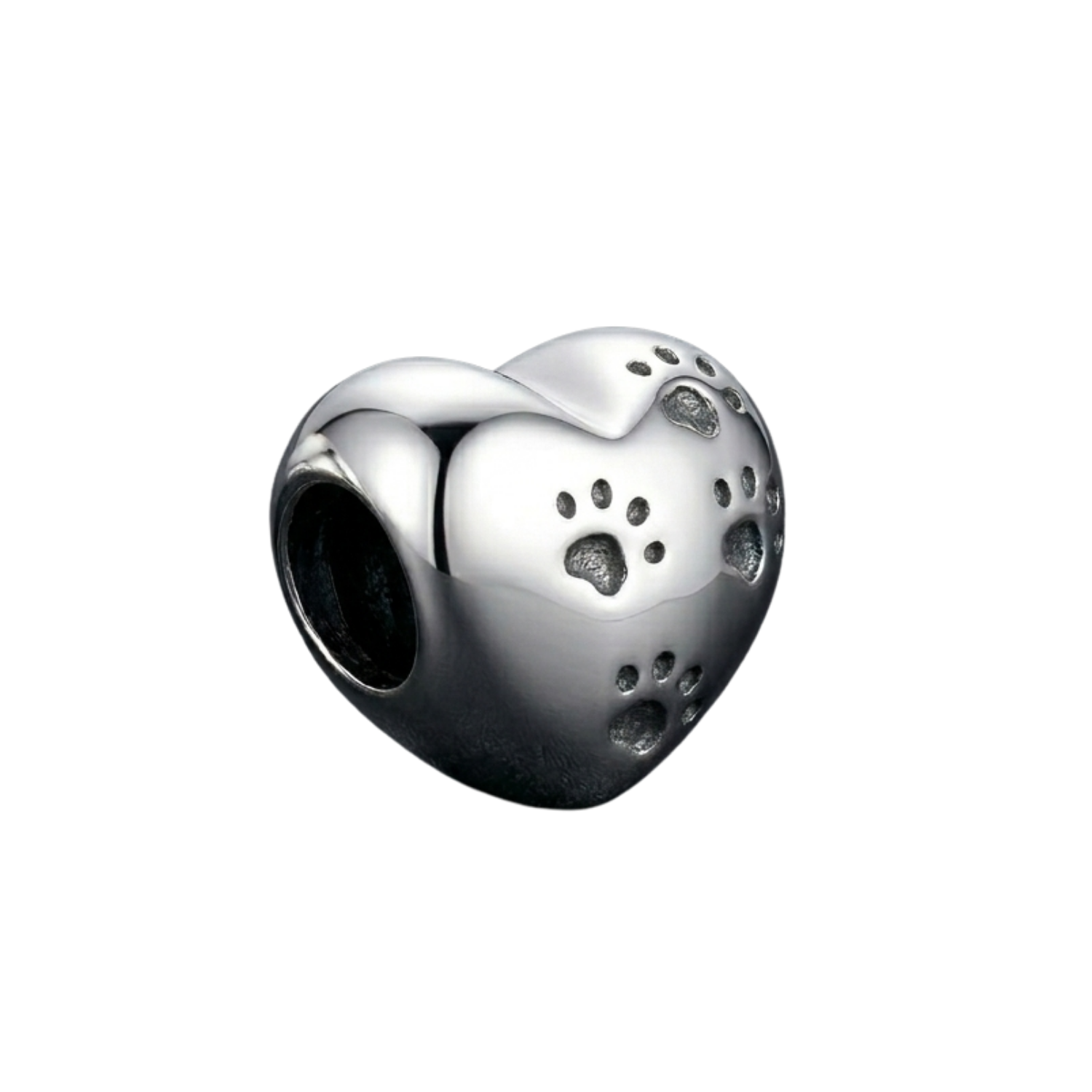 Silver heart-shaped charm with paw prints on a white background