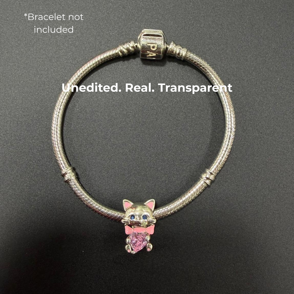 925 Silver Sparkling Heart Kitten Charm