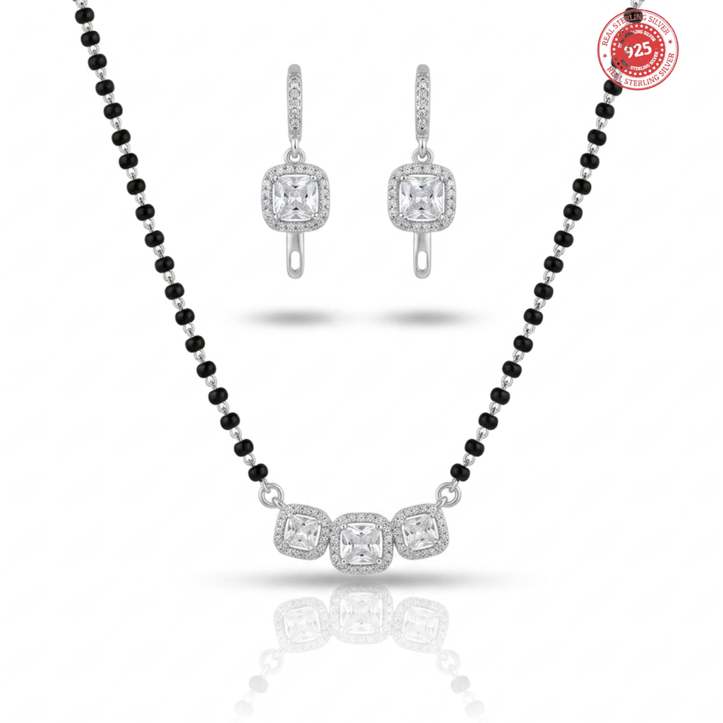 925 Silver CZ Mangalsutra Set with Earrings