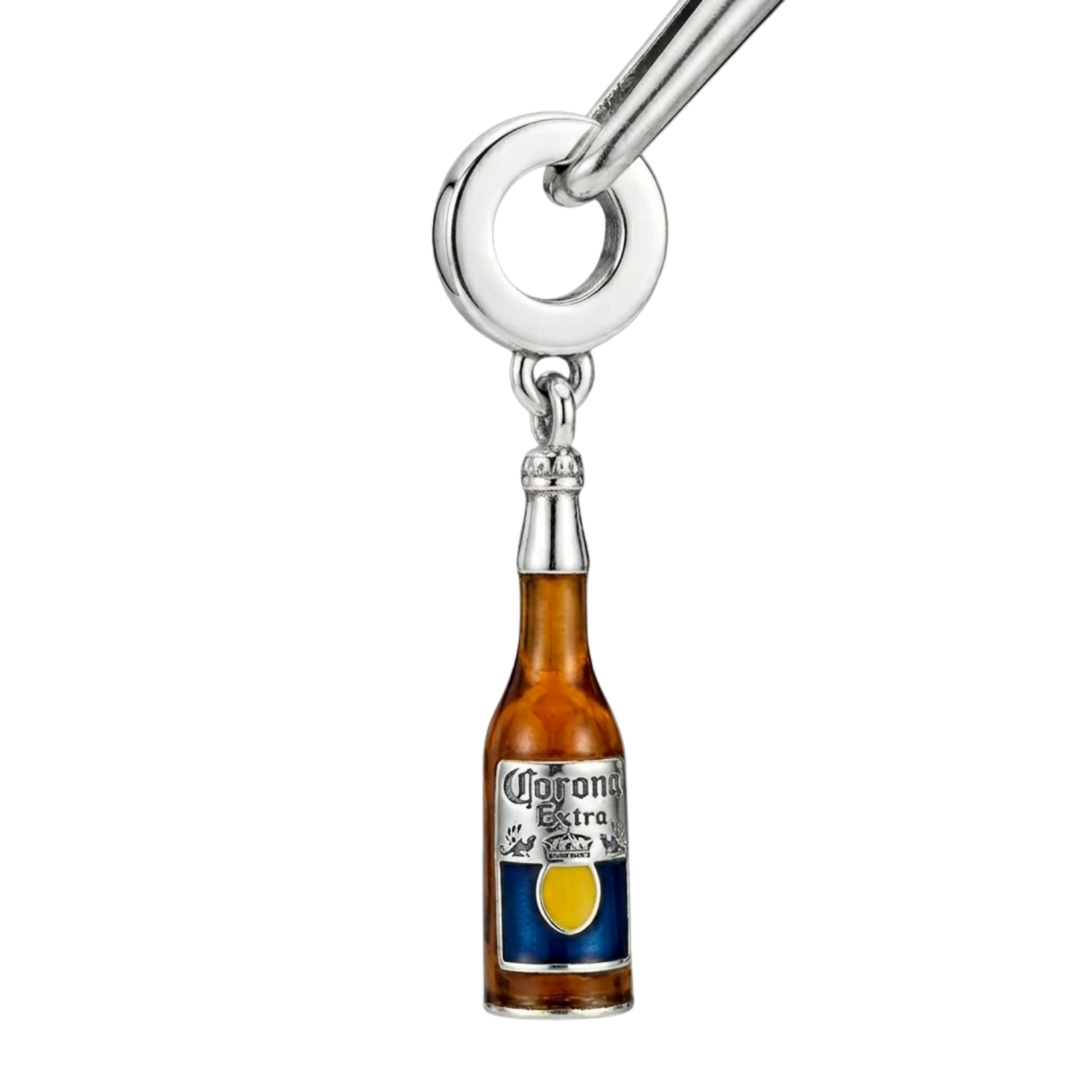 Charm shaped like a beer bottle with a label on a white background