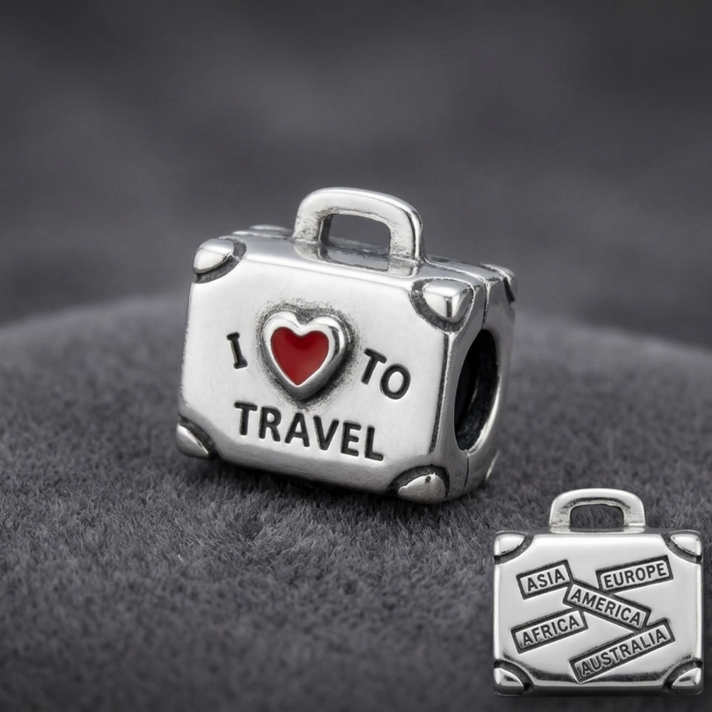 925 Silver Travel Suitcase Charm – “I To Travel”