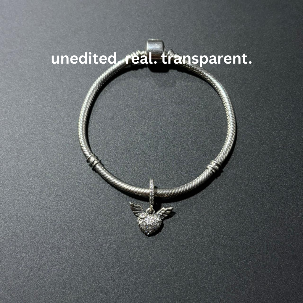 925 Silver CZ Angel Wings Heart Dangle Charm