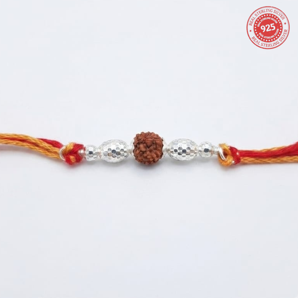 925 Silver Rudraksha Rakhi with Hammered Beads
