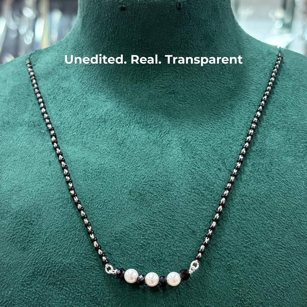 Pearl & Black Crystal Pendant 925 Silver Mangalsutra