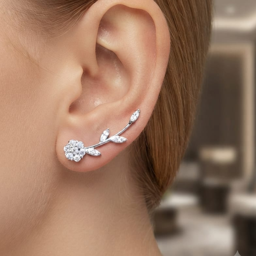 92.5 Silver CZ Rose Vine Ear Climber