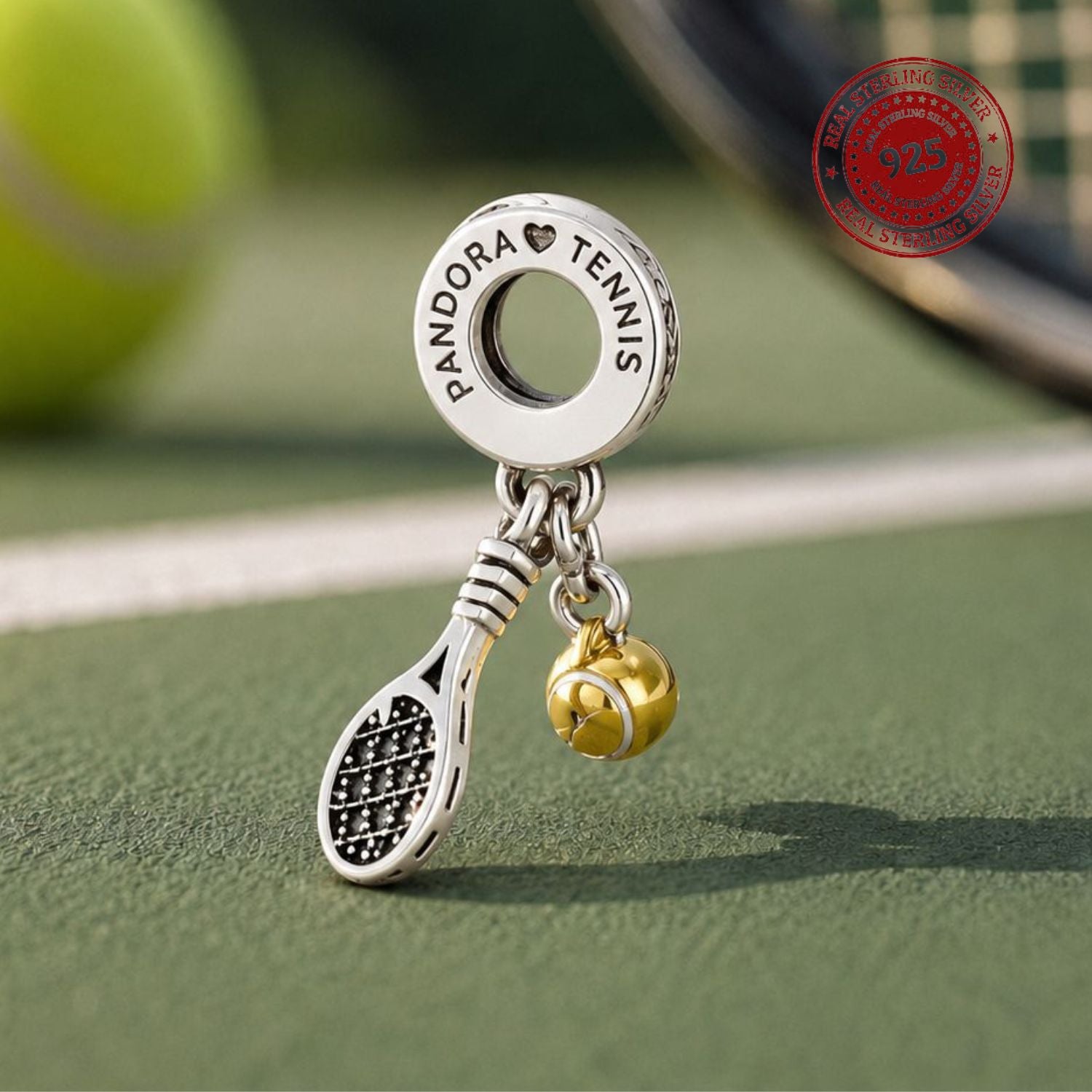 925 Silver Two-Tone Tennis Racket & Ball Dangle Charm