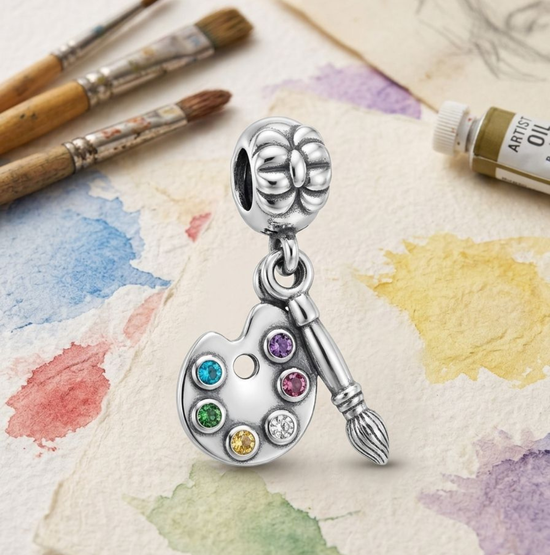 925 Silver Artist Palette & Paintbrush Dangle Charm