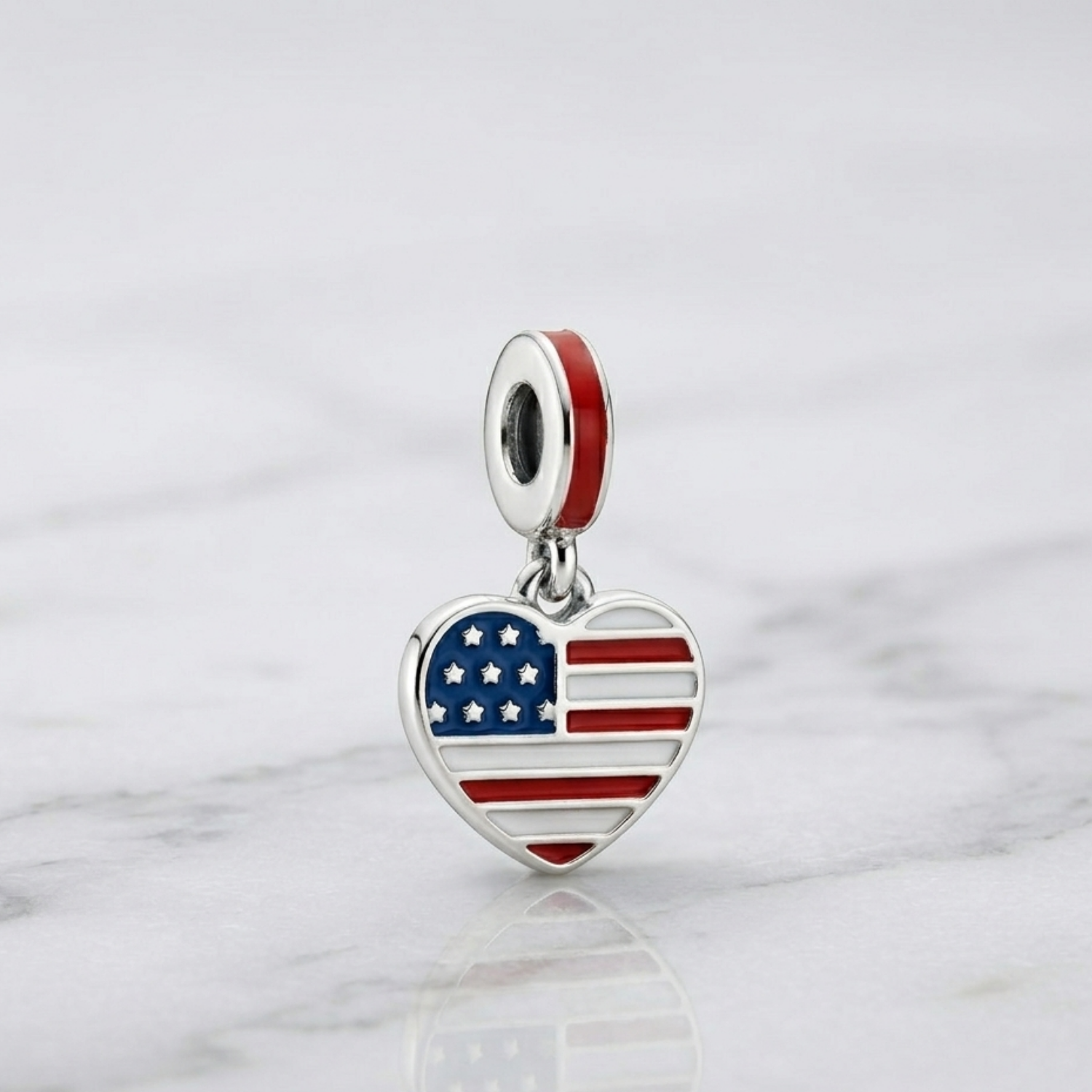 925 Silver USA Heart Stars and Stripes Dangle Charm