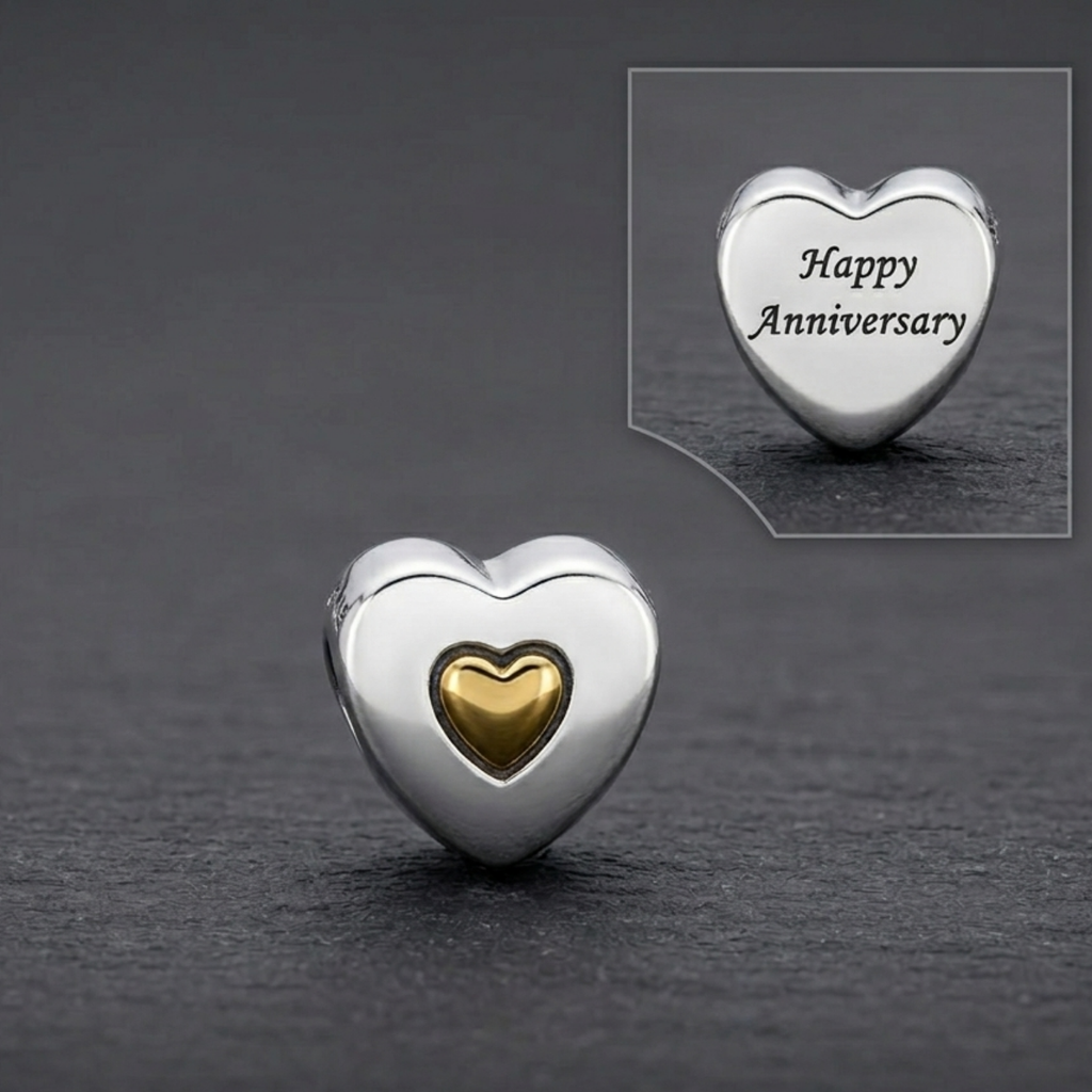 925 Silver Two-Tone Heart Charm – “Happy Anniversary” Engraved