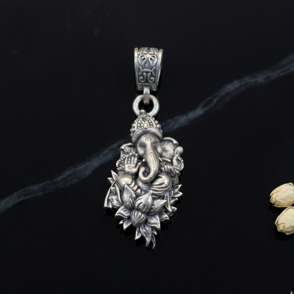 925 Silver The Vighnaharta Ganeshji Lotus Pendant: Elegance in Motion