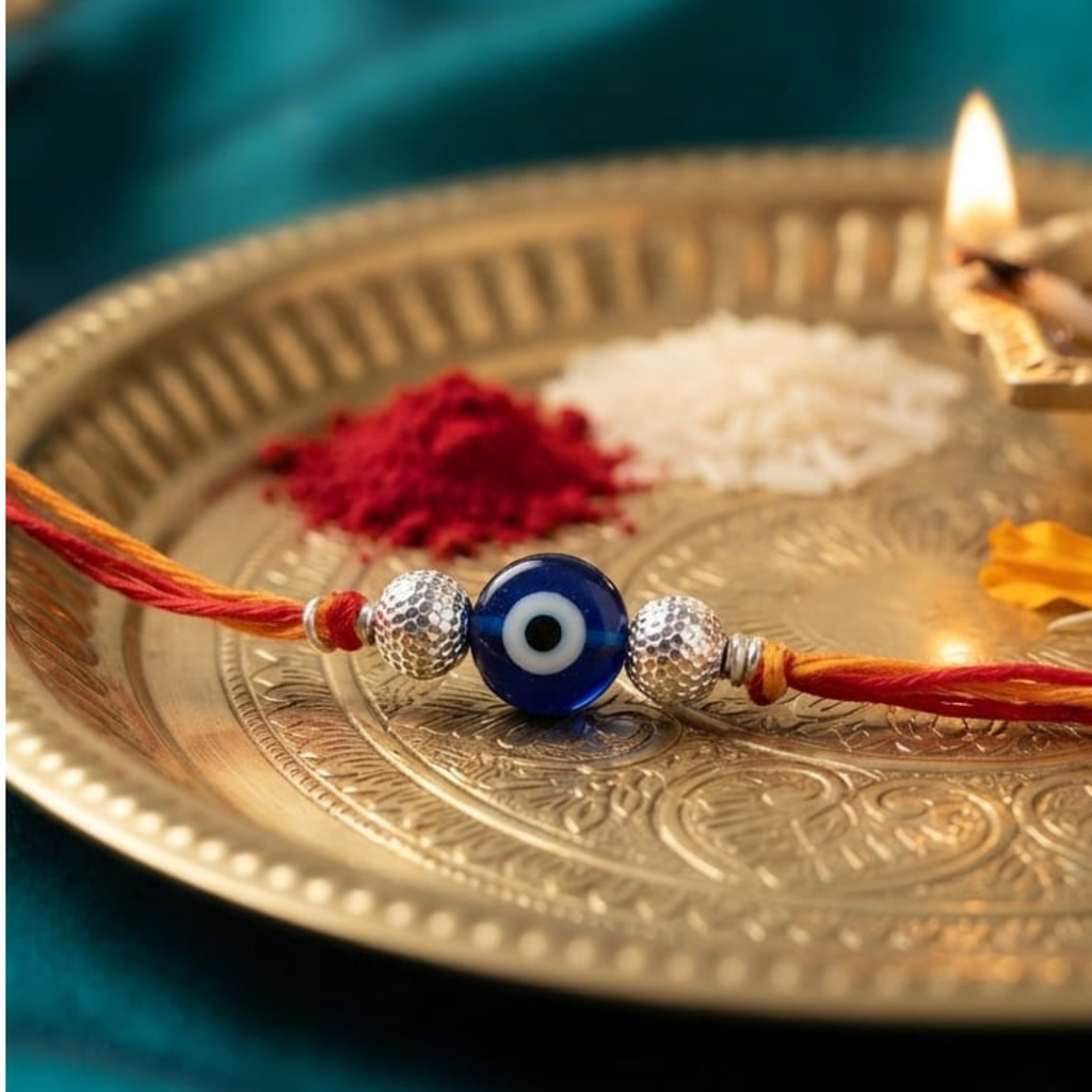 925 Silver Evil Eye Rakhi with Textured Beads