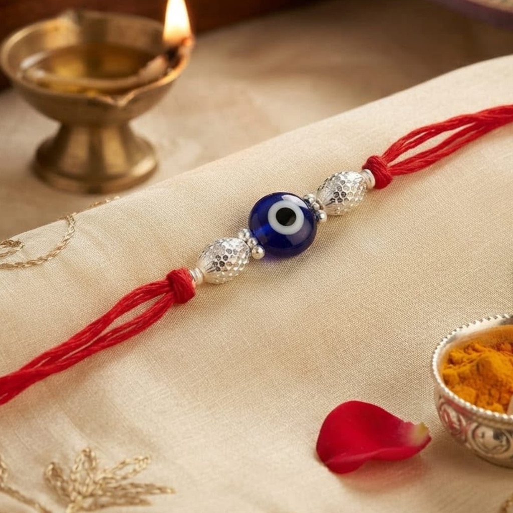 925 Silver Evil Eye Rakhi with Oval Beads