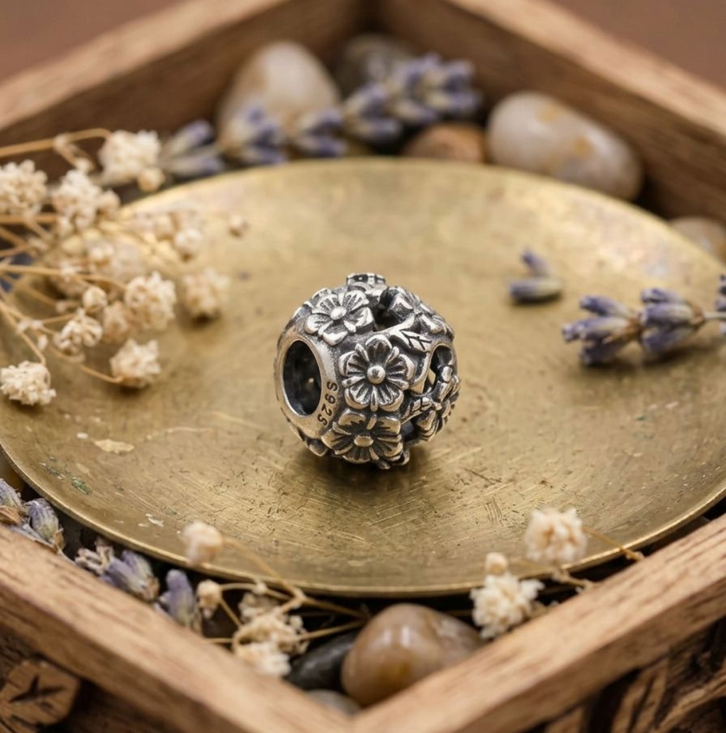 925 Silver Sparkling Flower Ball Charm