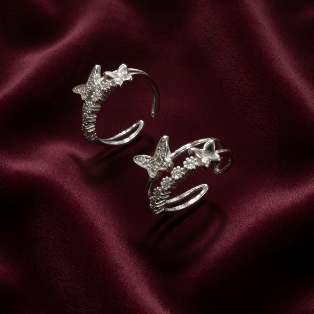 Dual Butterfly Accent Adjustable 925 Silver Toe Ring