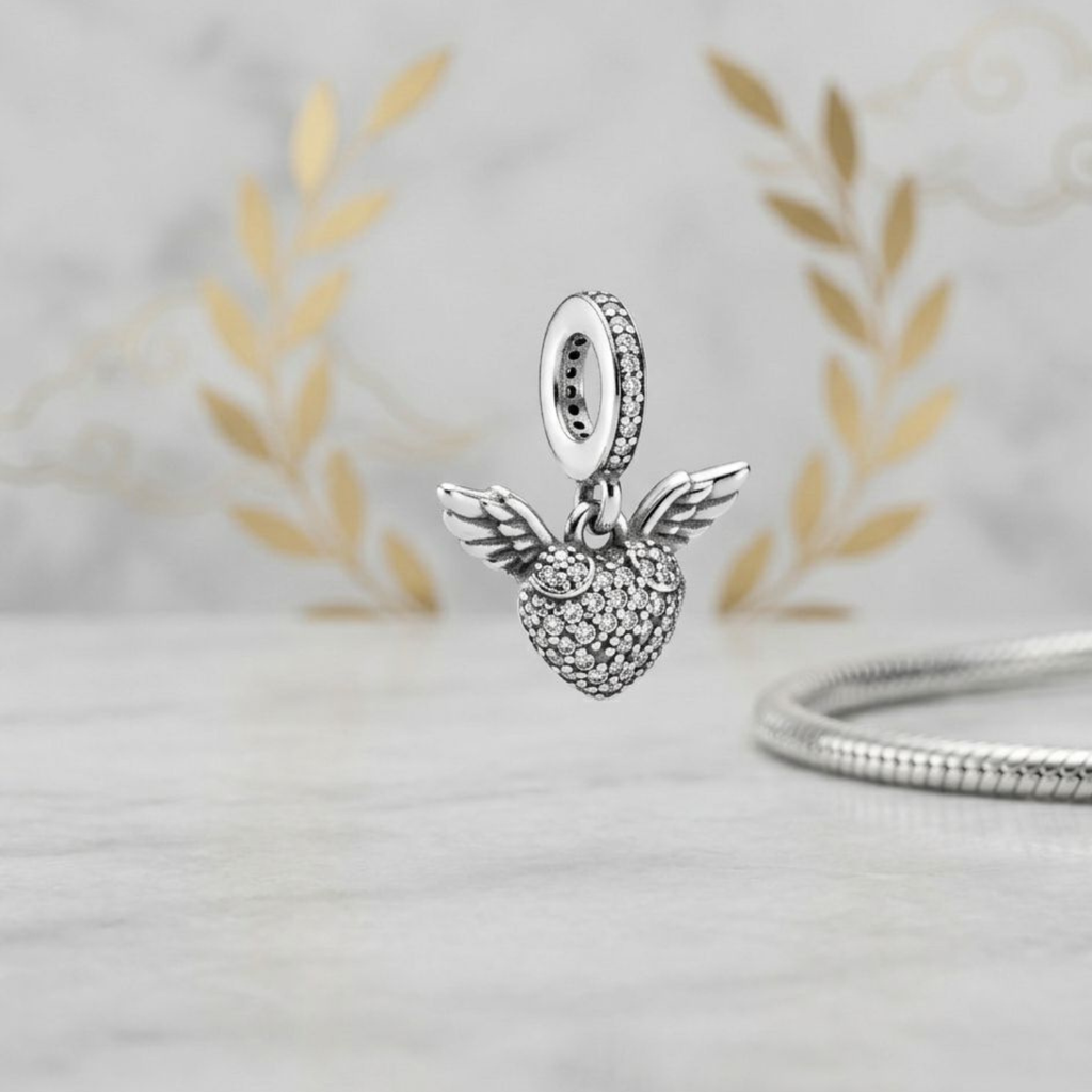 925 Silver CZ Angel Wings Heart Dangle Charm