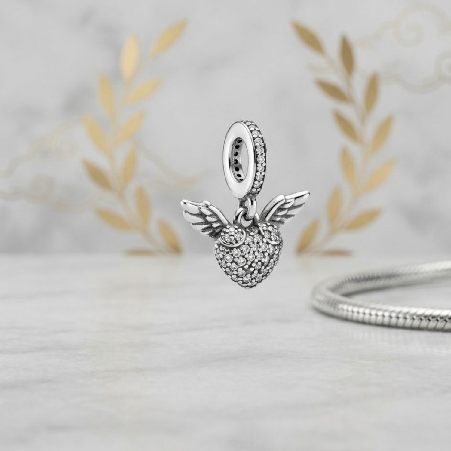 925 Silver CZ Angel Wings Heart Dangle Charm