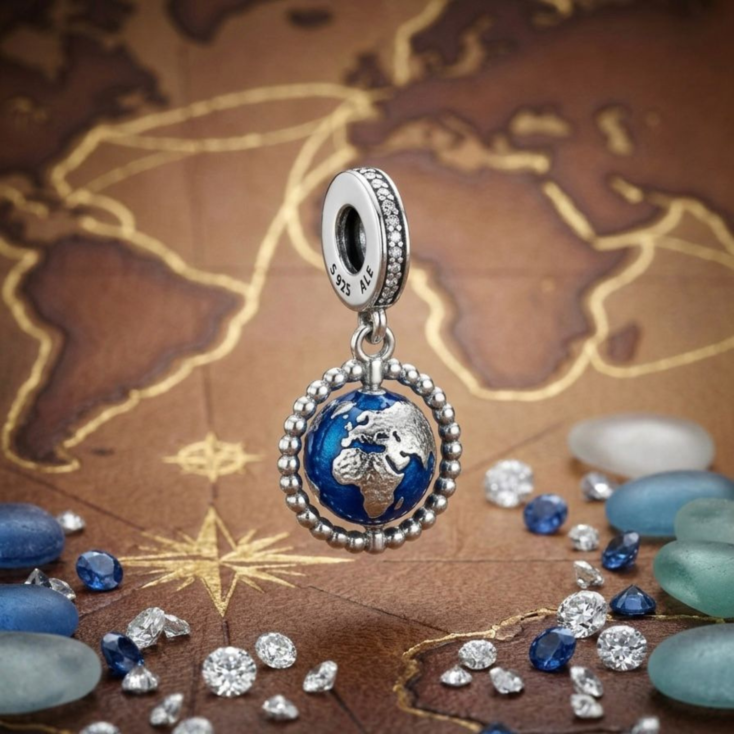 925 Silver Spinning World Globe Charm