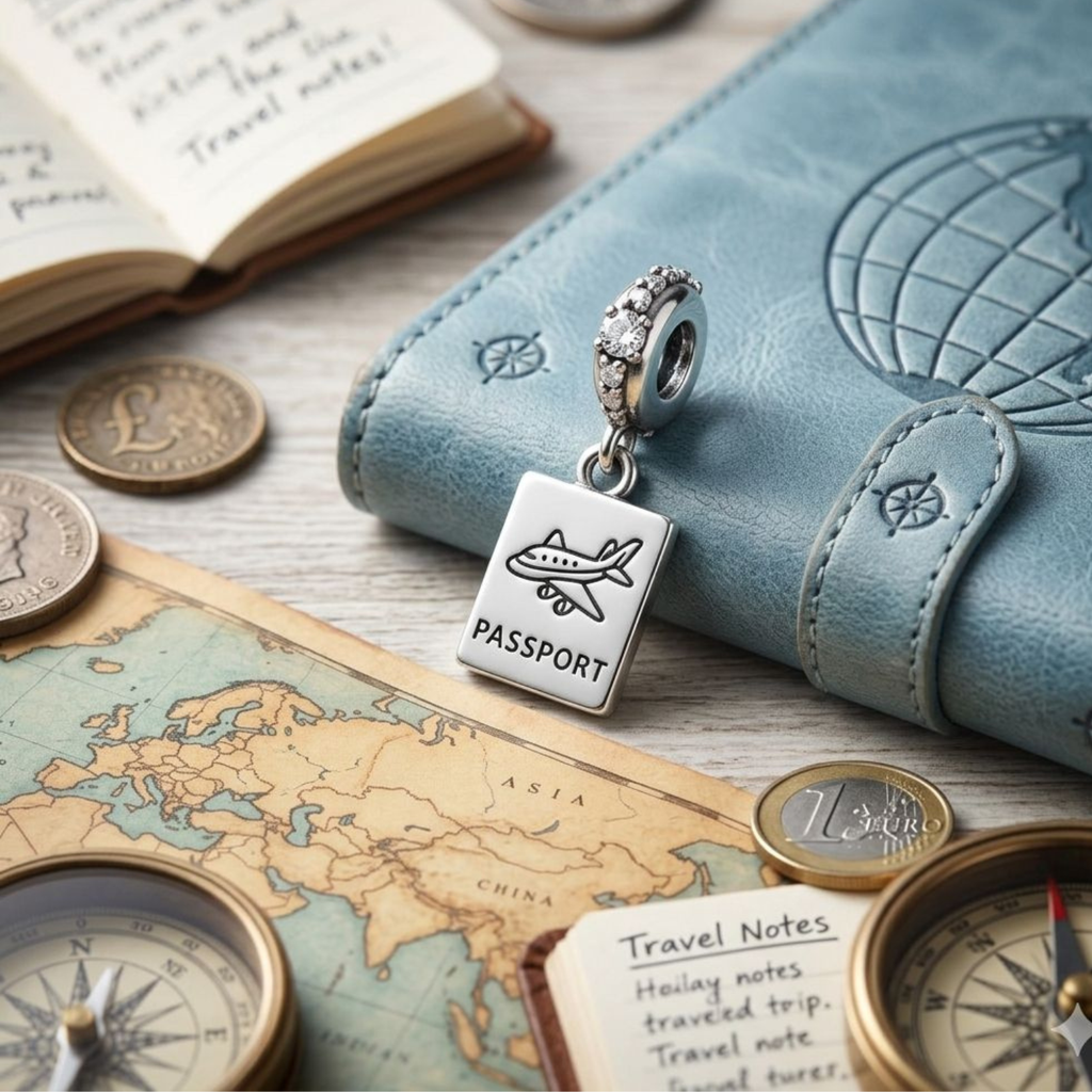 925 Silver CZ Passport & Airplane Dangle Charm