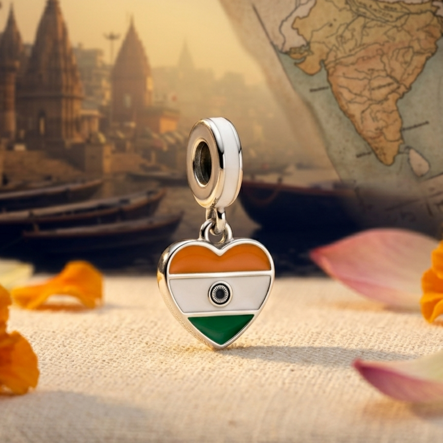 925 Silver India Heart Tricolour Dangle Charm