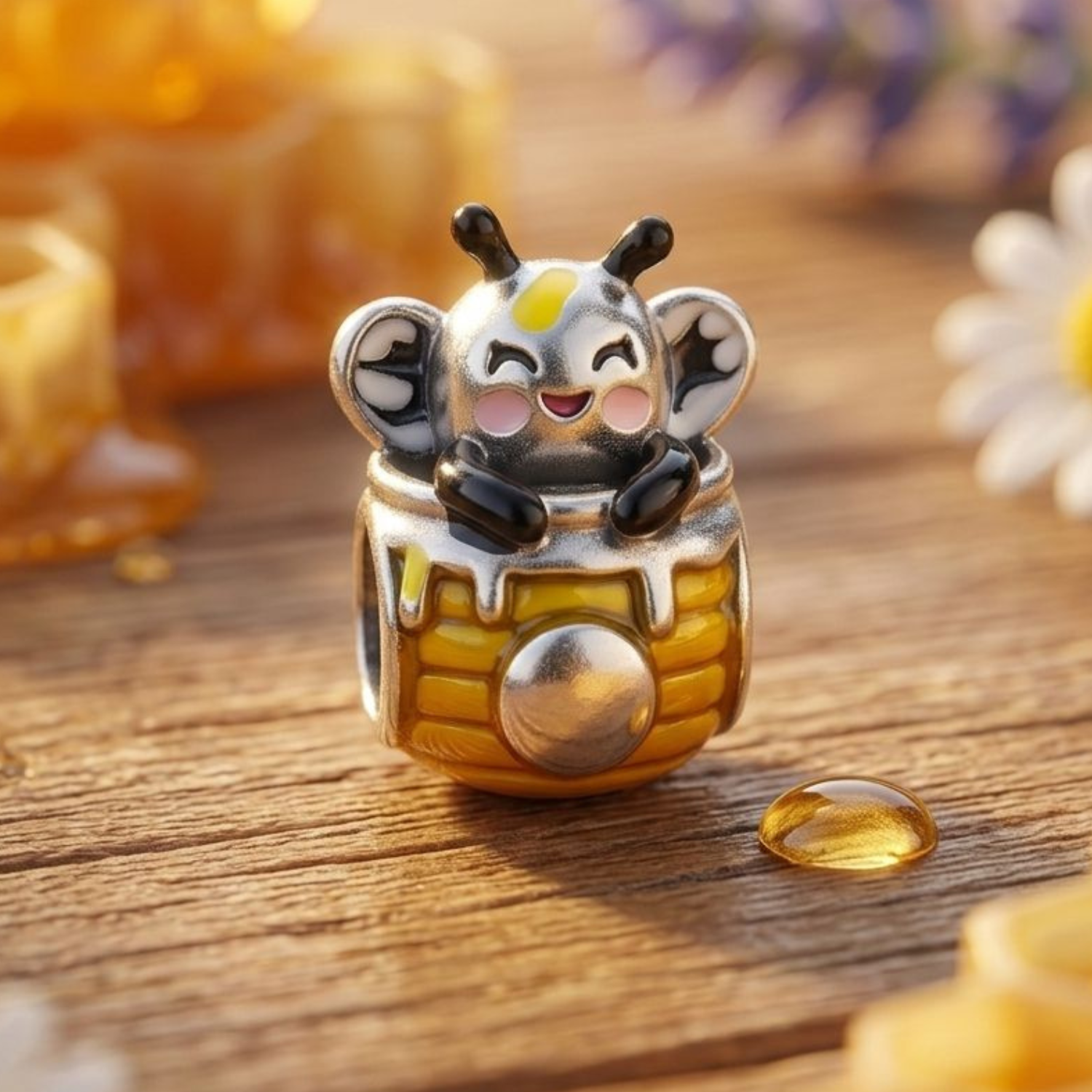 925 Silver Happy Honey Bee in Honeypot Bead Charm