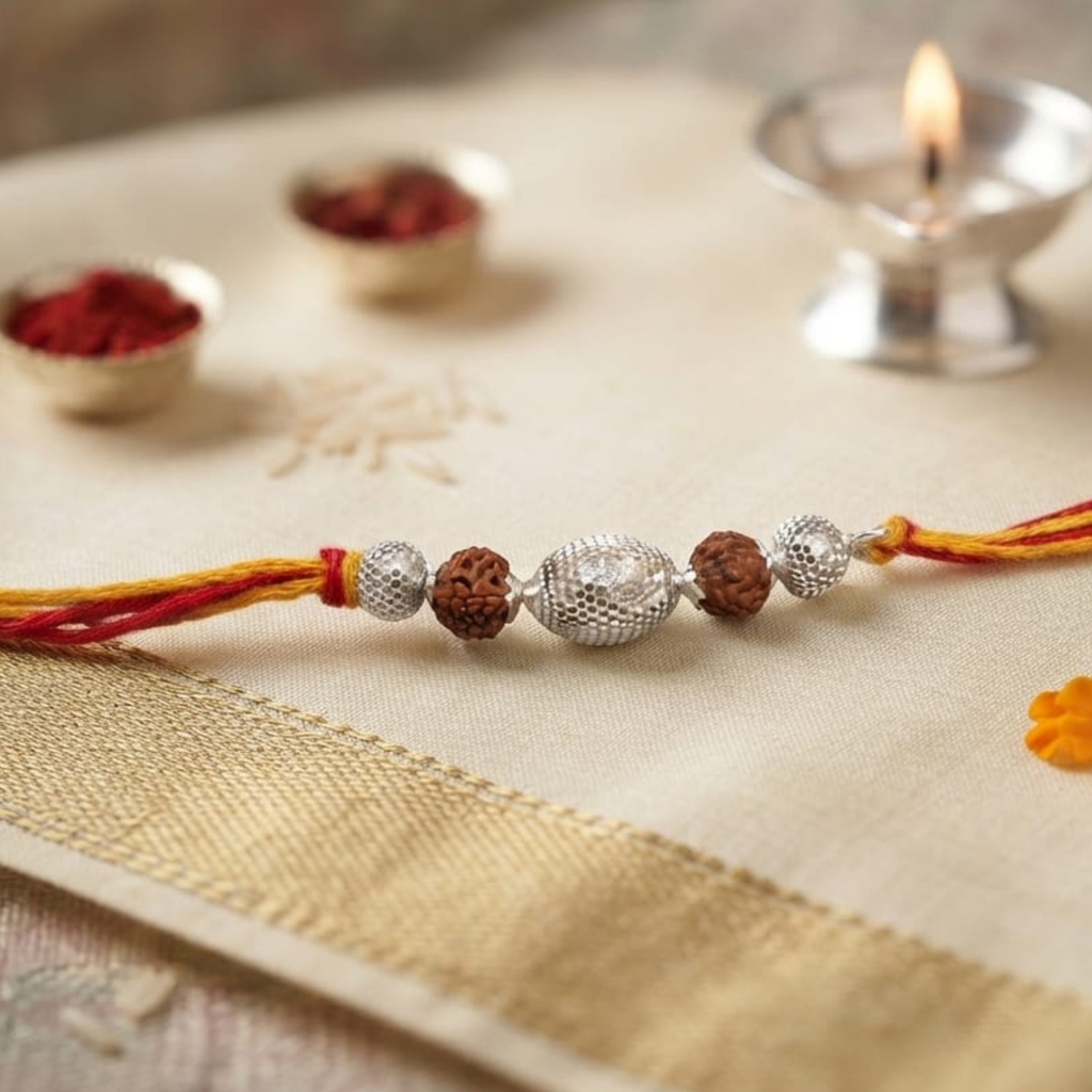 925 Silver Rudraksha Rakhi with Oval Silver Bead