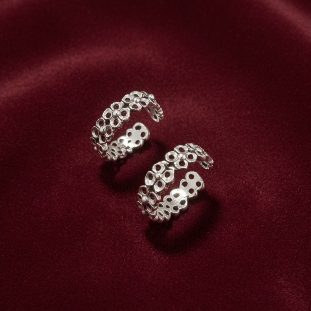 Traditional Oxidized Floral Jodvi 925 Silver Toe Ring