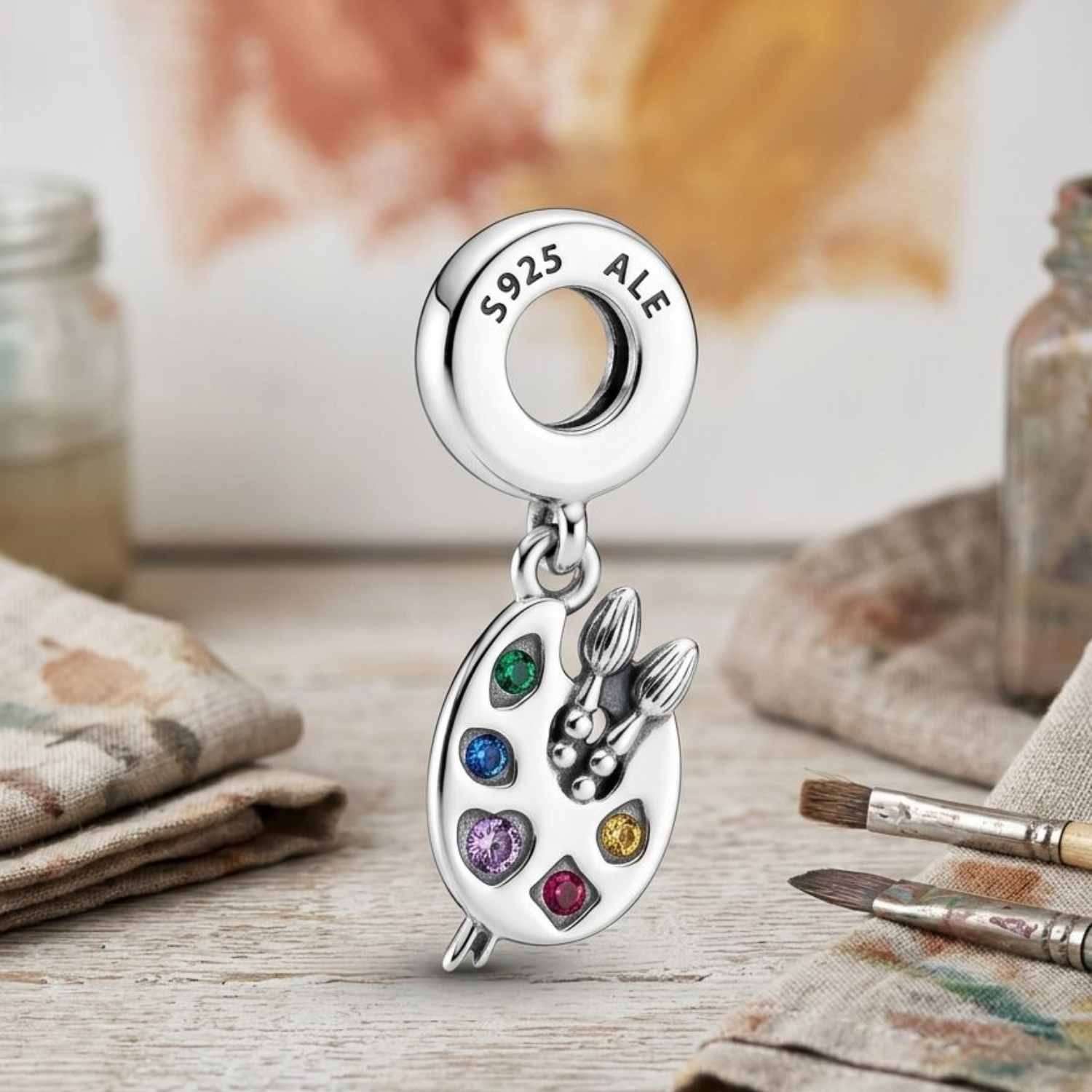925 Silver Artist's Palette & Paintbrush Dangle Charm