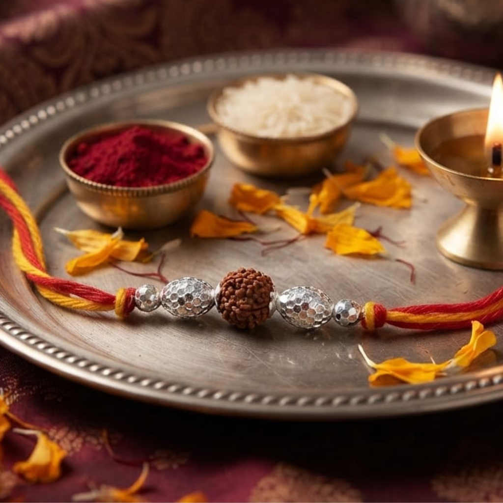 925 Silver Rudraksha Rakhi with Hammered Beads