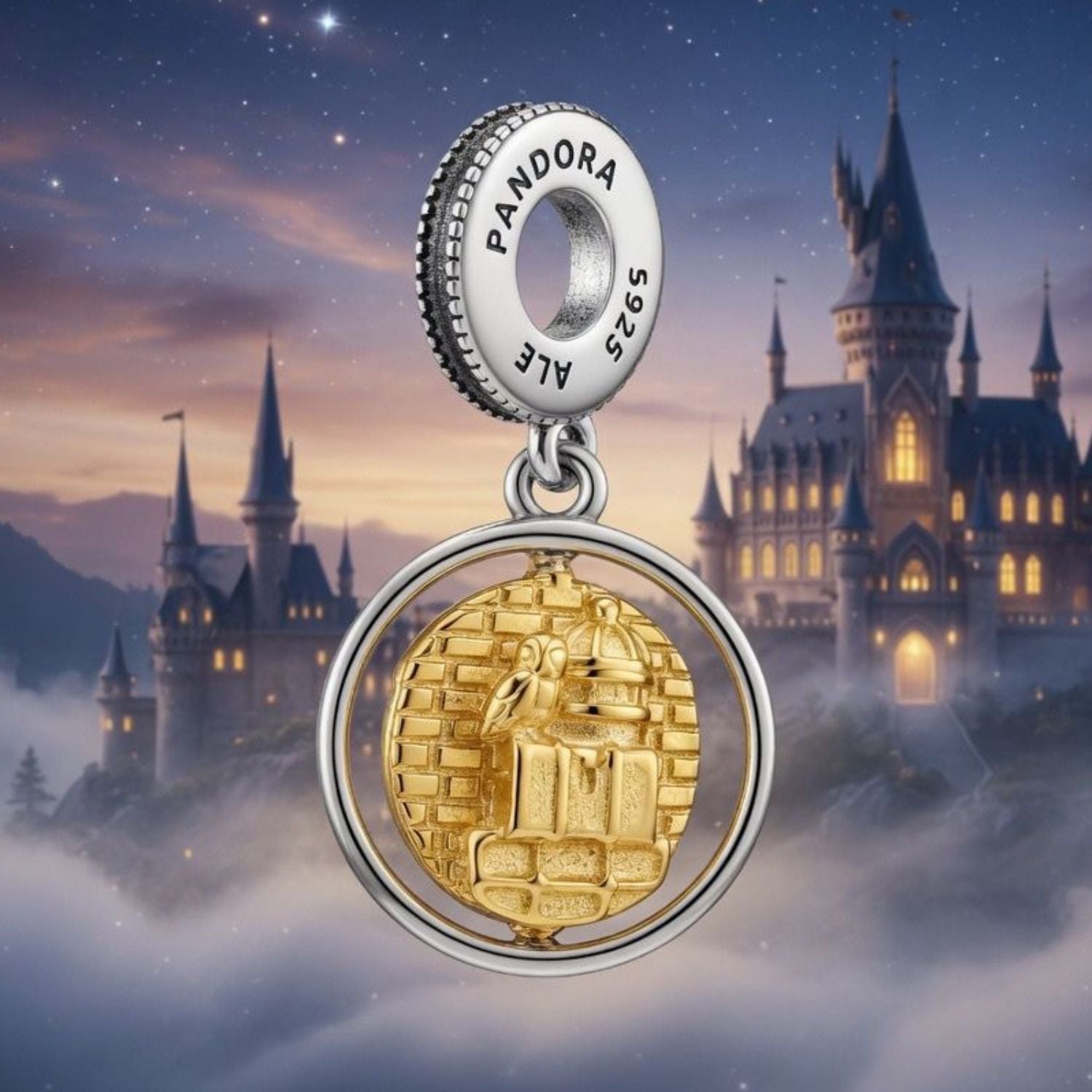 925 Silver Two-Tone Platform 9 ¾ & Wizard's School Dangle Charm