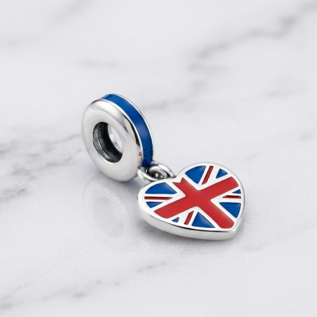 925 Silver UK Heart Union Jack Dangle Charm