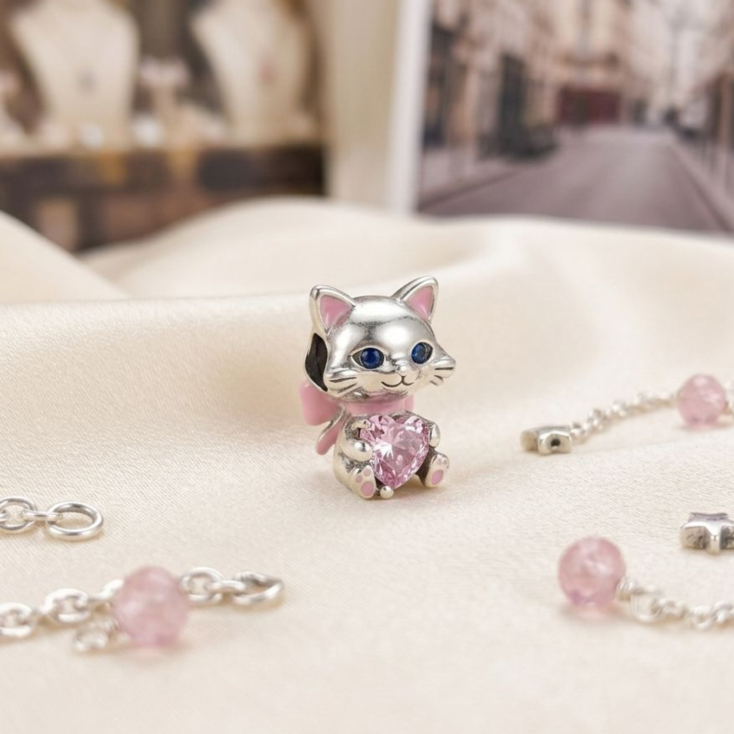 925 Silver Sparkling Heart Kitten Charm