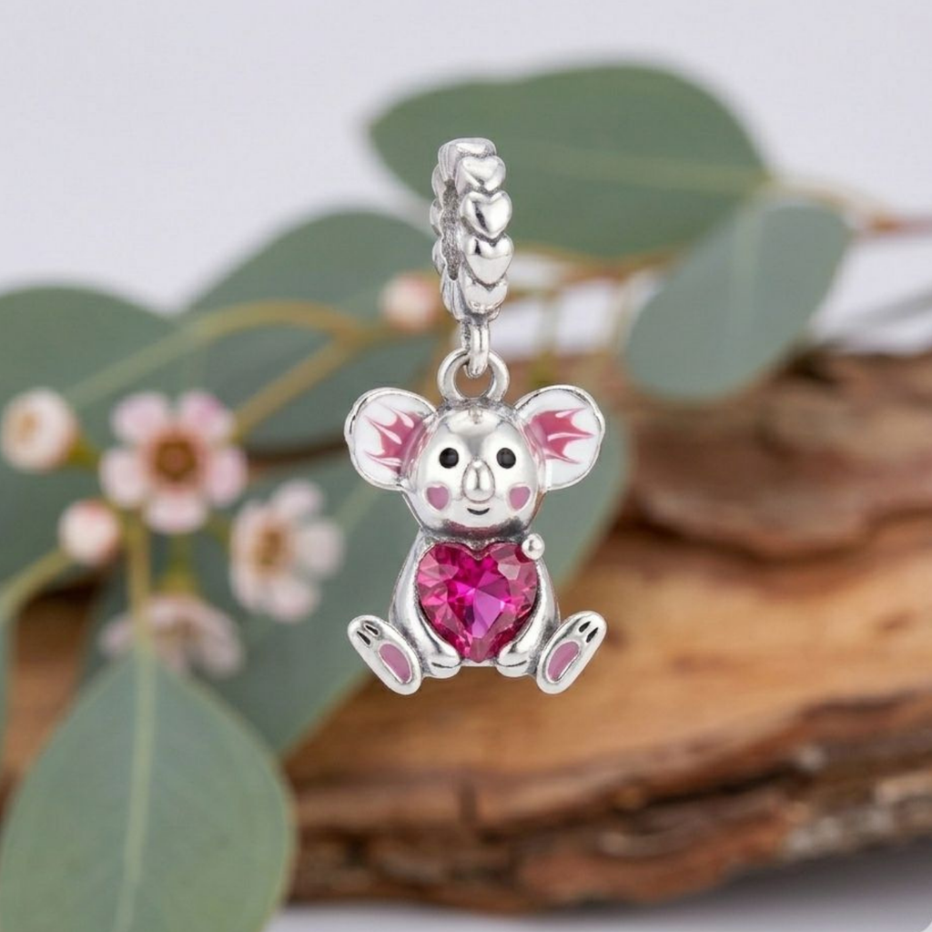 925 Silver Sparkling Heart Koala Dangle Charm