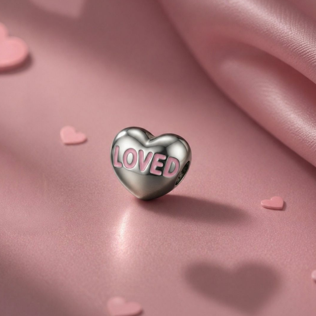 925 Silver "Loved" Pink Enamel Heart Charm