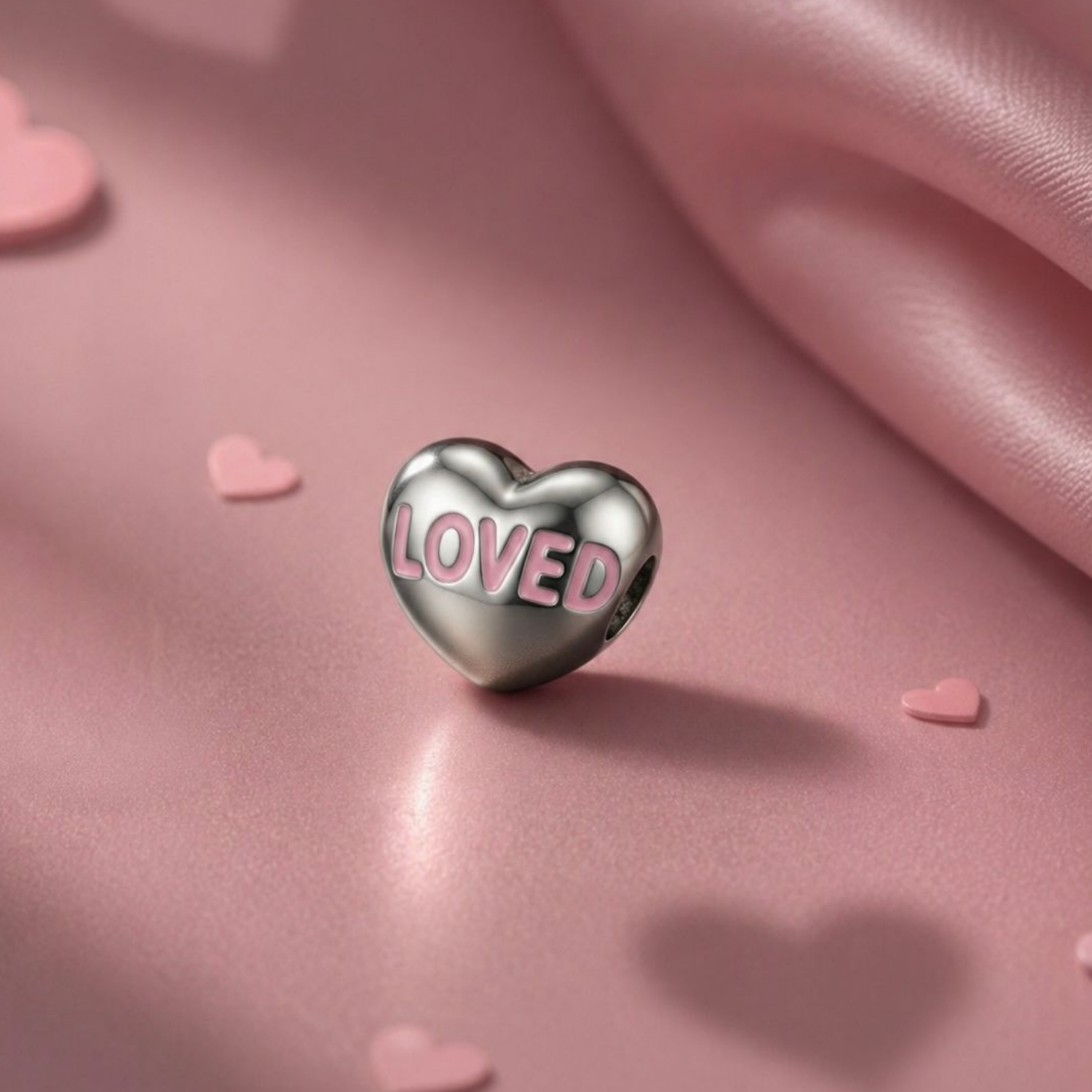 925 Silver "Loved" Pink Enamel Heart Charm