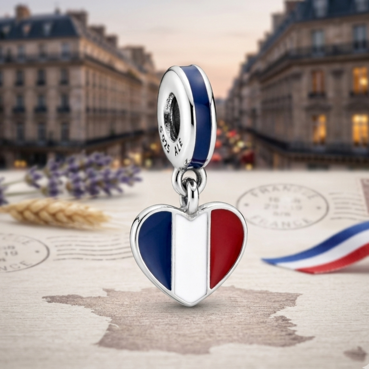 925 Silver French Heart Travel Dangle Charm