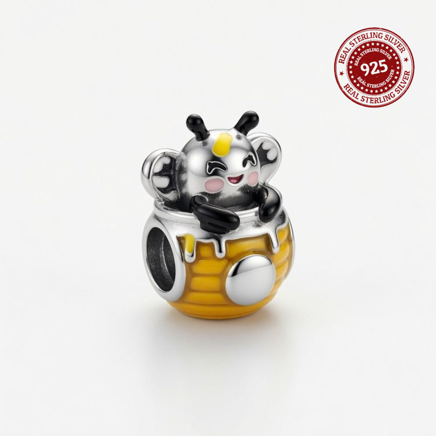 925 Silver Happy Honey Bee in Honeypot Bead Charm