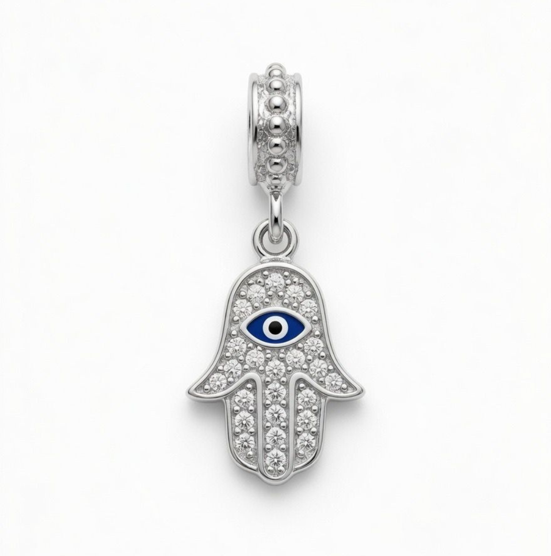 925 Silver CZ Hamsa Evil Eye Protection Dangle Charm