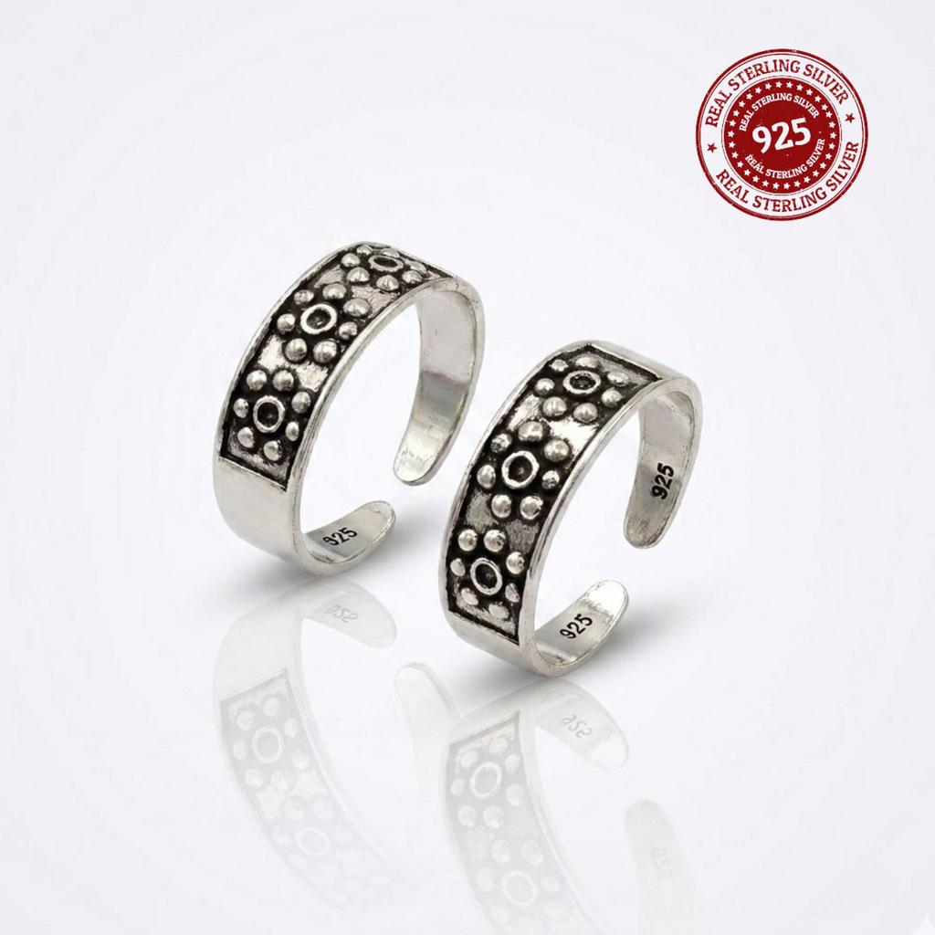 Traditional Oxidized Beaded Adjustable 925 Silver Toe Ring