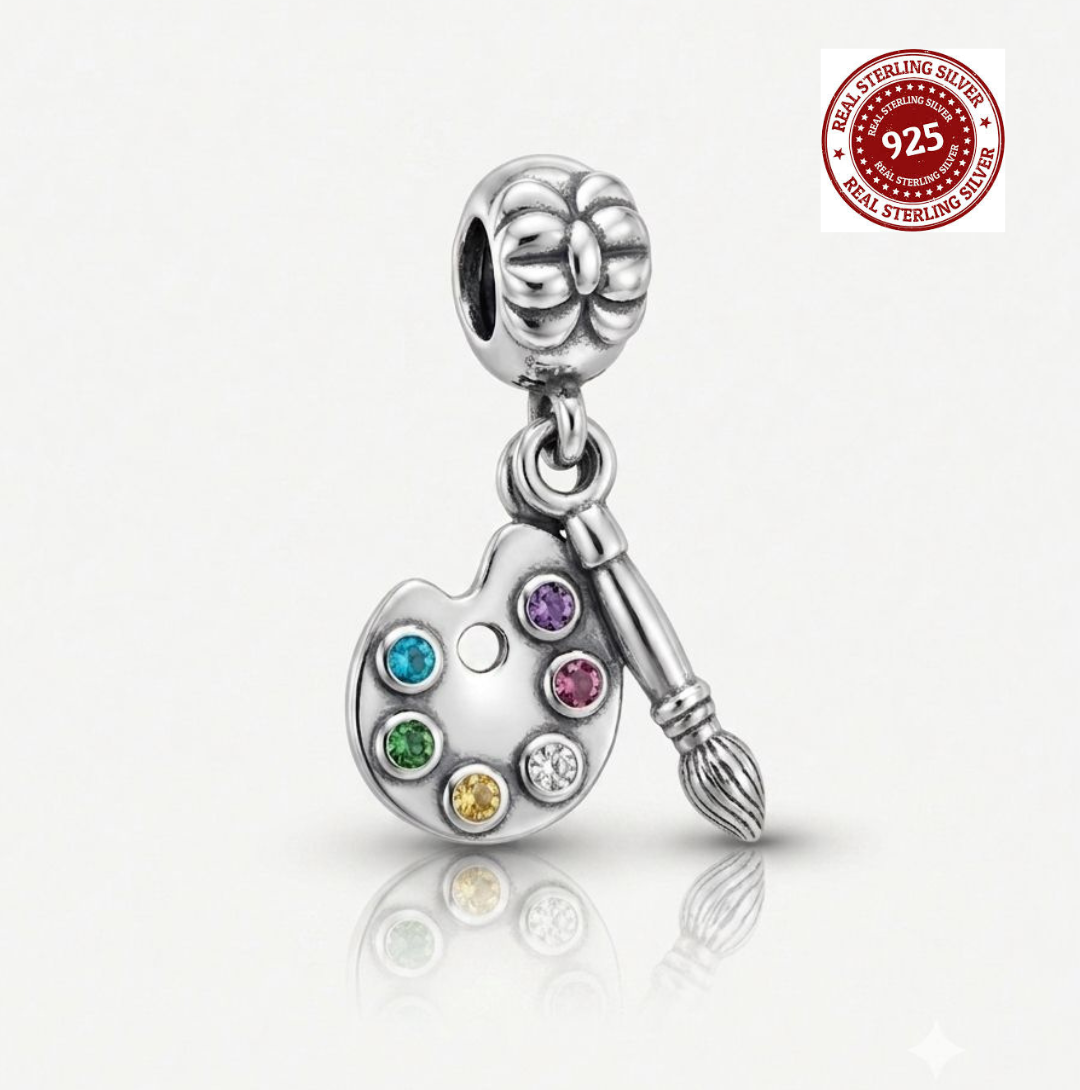 925 Silver Artist Palette & Paintbrush Dangle Charm