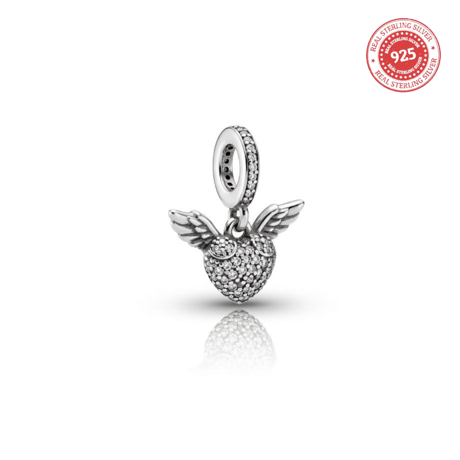 925 Silver CZ Angel Wings Heart Dangle Charm