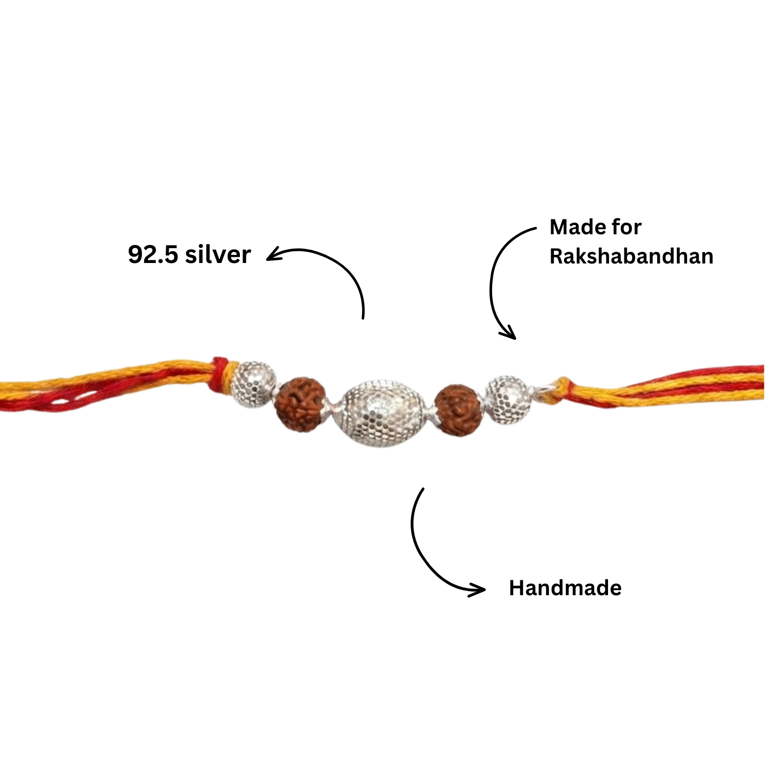 925 Silver Rudraksha Rakhi with Oval Silver Bead