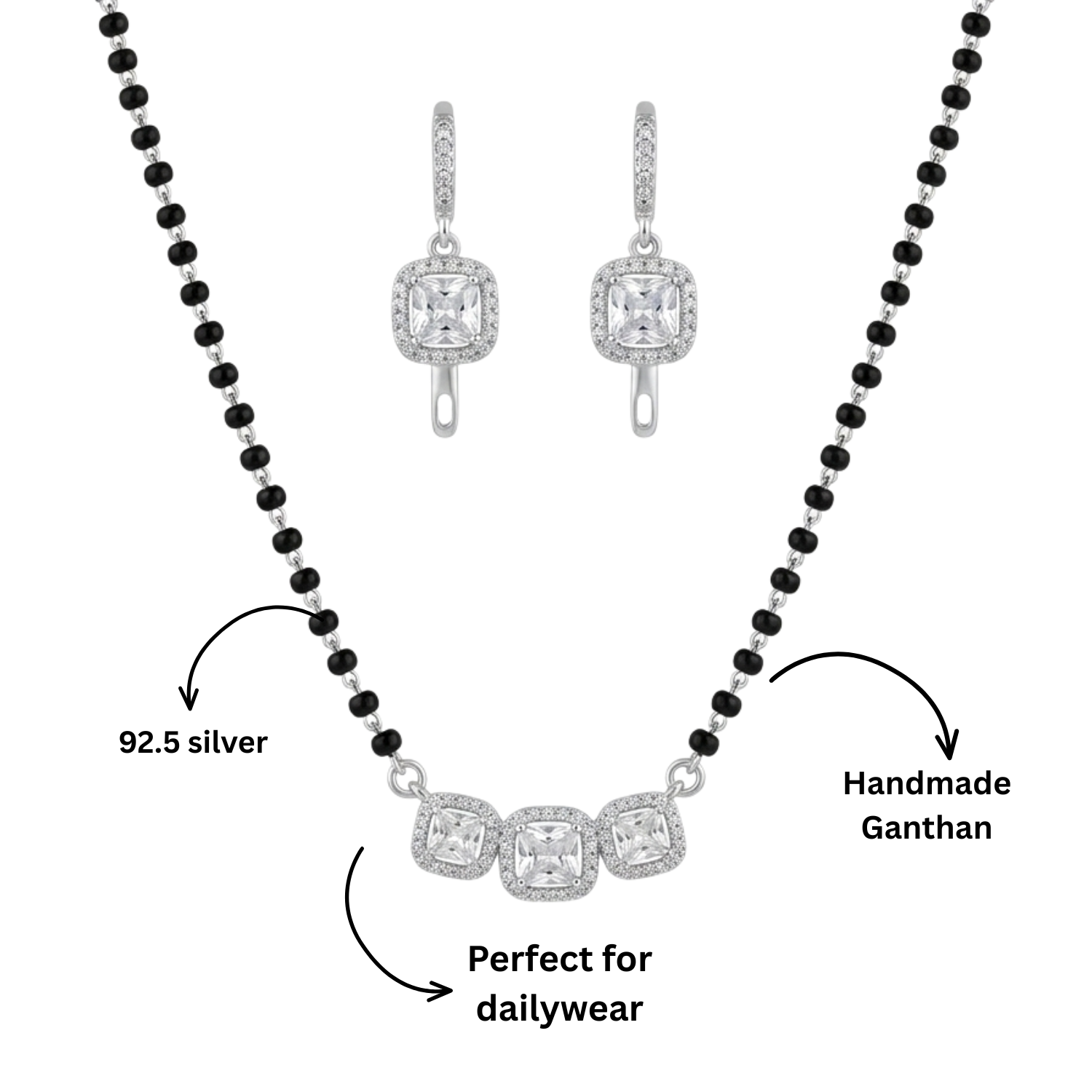 925 Silver CZ Mangalsutra Set with Earrings