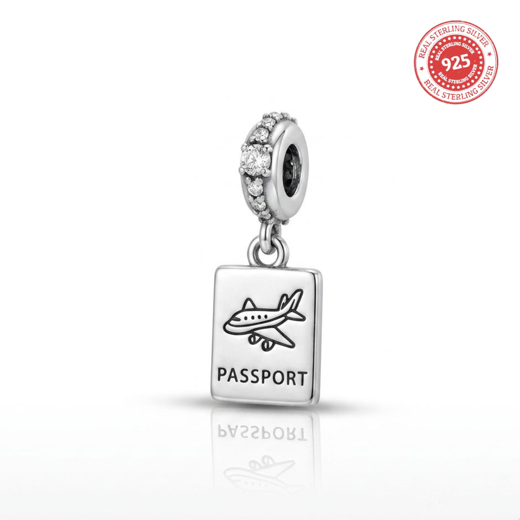 925 Silver CZ Passport & Airplane Dangle Charm