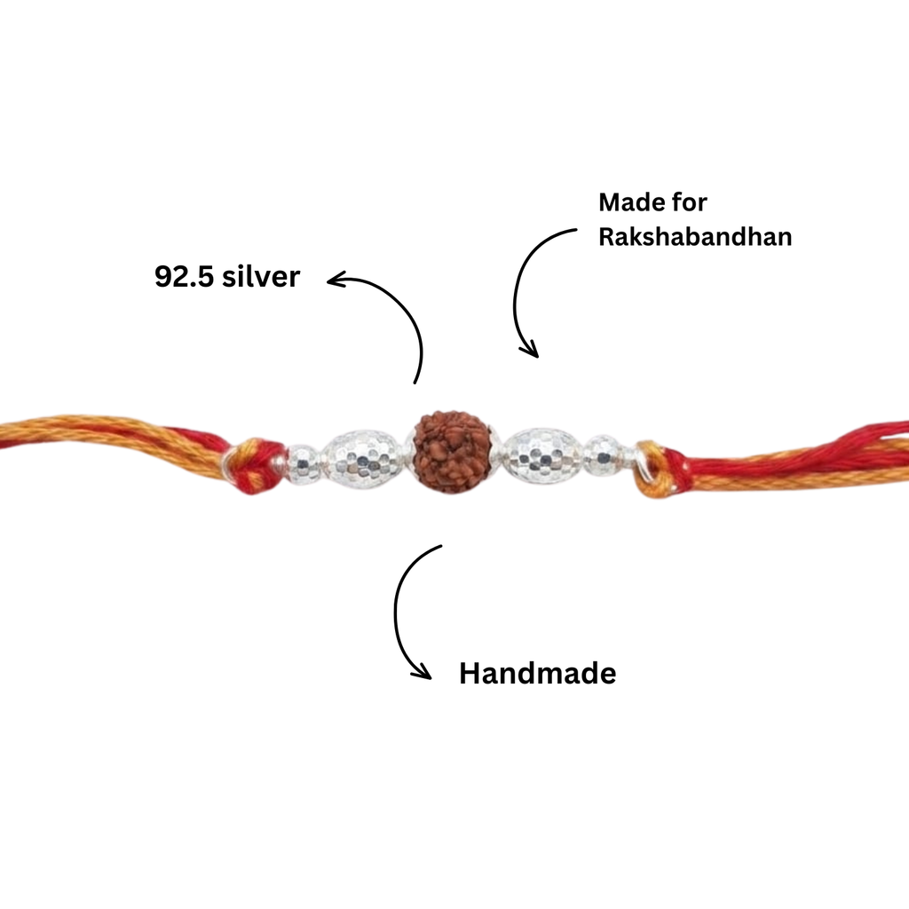 925 Silver Rudraksha Rakhi with Hammered Beads