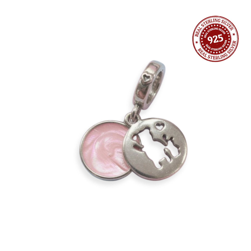 925 Silver Teddy Bear Pink Disc Dangle Charm