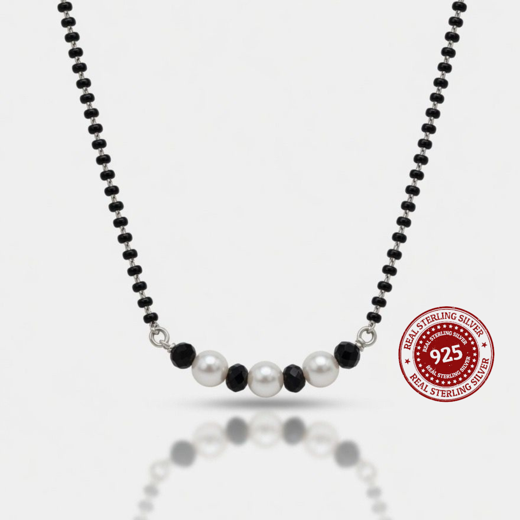 Pearl & Black Crystal Pendant 925 Silver Mangalsutra