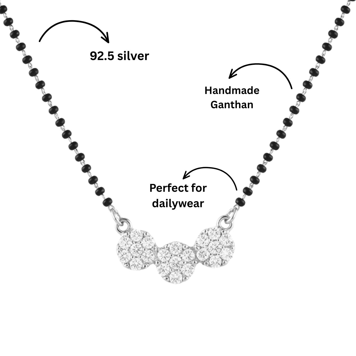 925 Silver CZ Three Kudi Mangalsutra