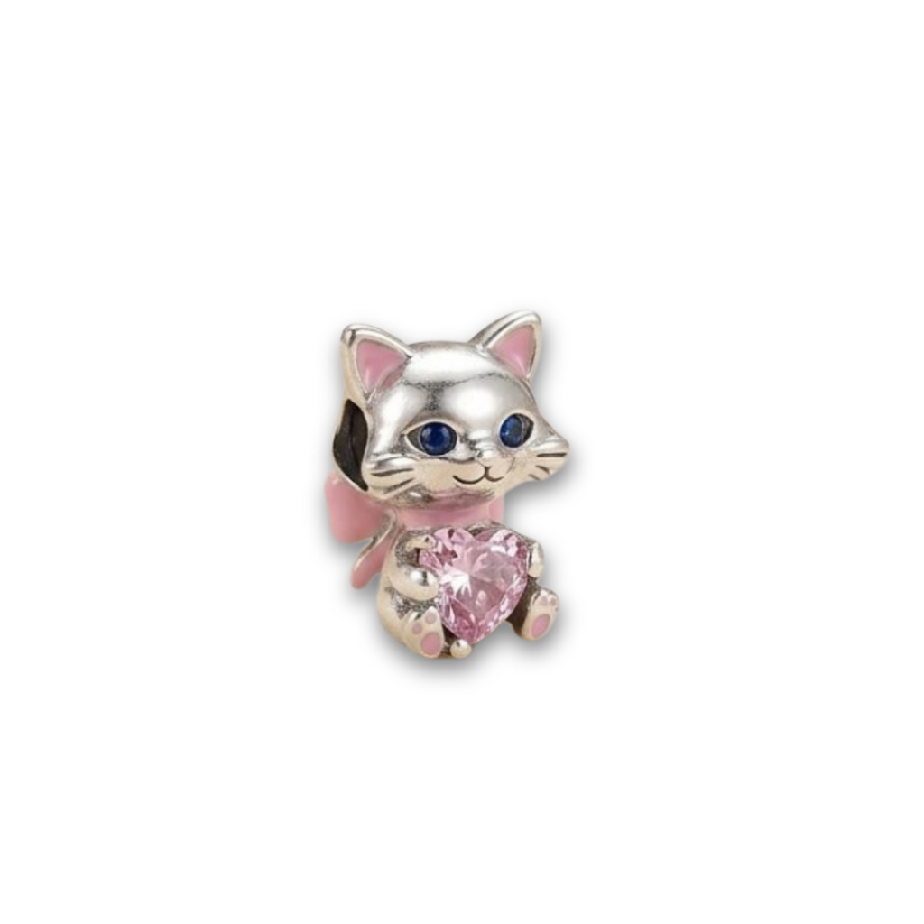925 Silver Sparkling Heart Kitten Charm