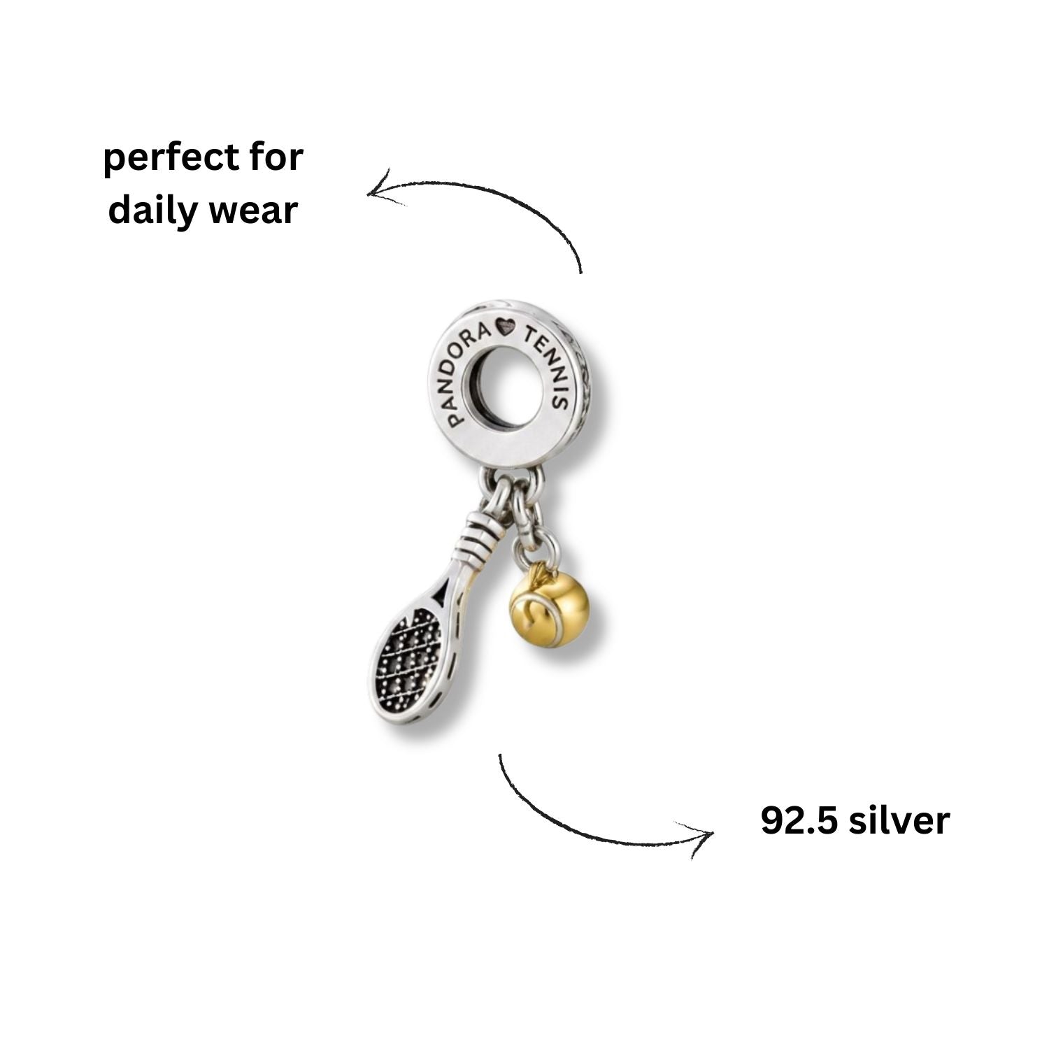 925 Silver Two-Tone Tennis Racket & Ball Dangle Charm